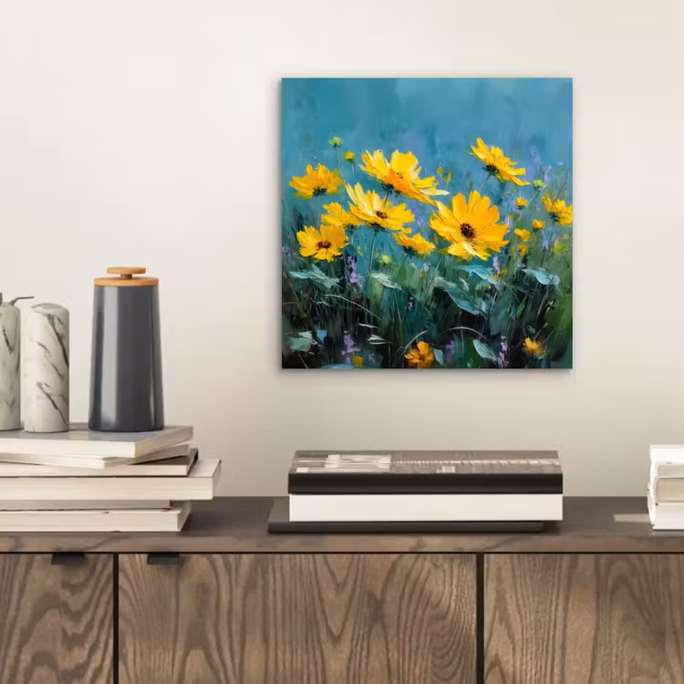 Aluminium schilderij - Penseelstreken - Bloemen - Felgeel - Abstract — 2