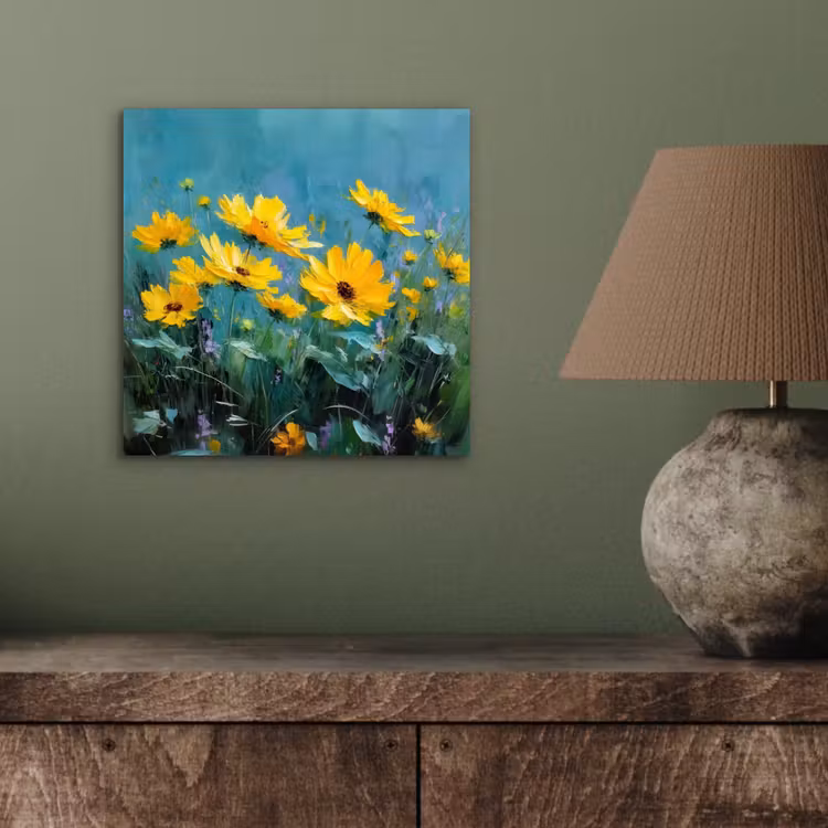 Aluminium schilderij - Penseelstreken - Bloemen - Felgeel - Abstract — 3