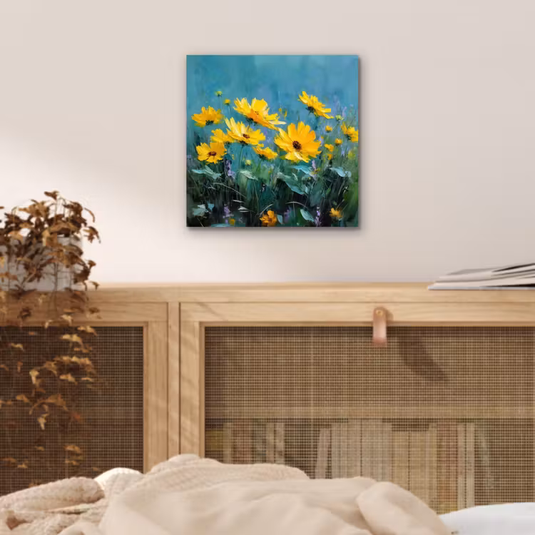 Aluminium schilderij - Penseelstreken - Bloemen - Felgeel - Abstract — 4