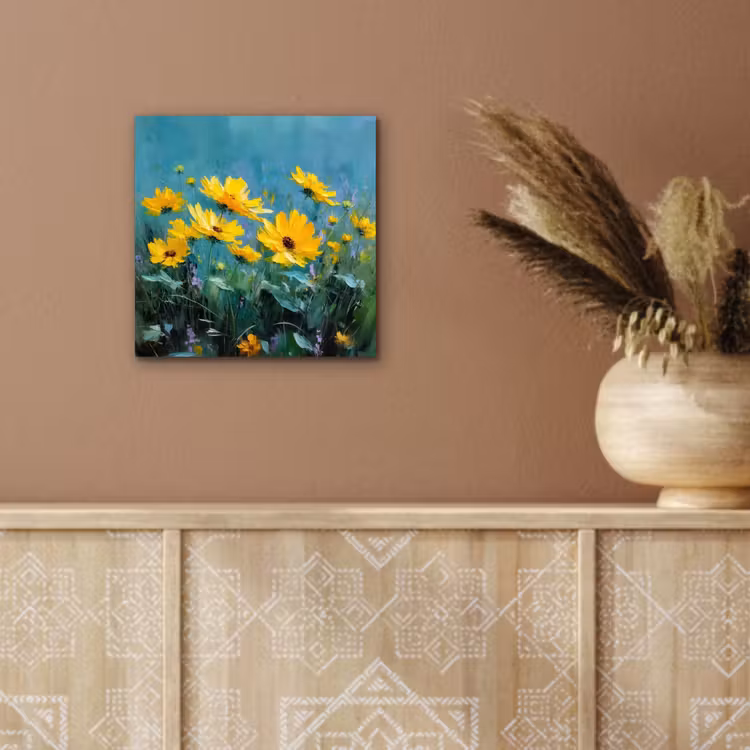 Aluminium schilderij - Penseelstreken - Bloemen - Felgeel - Abstract — 5