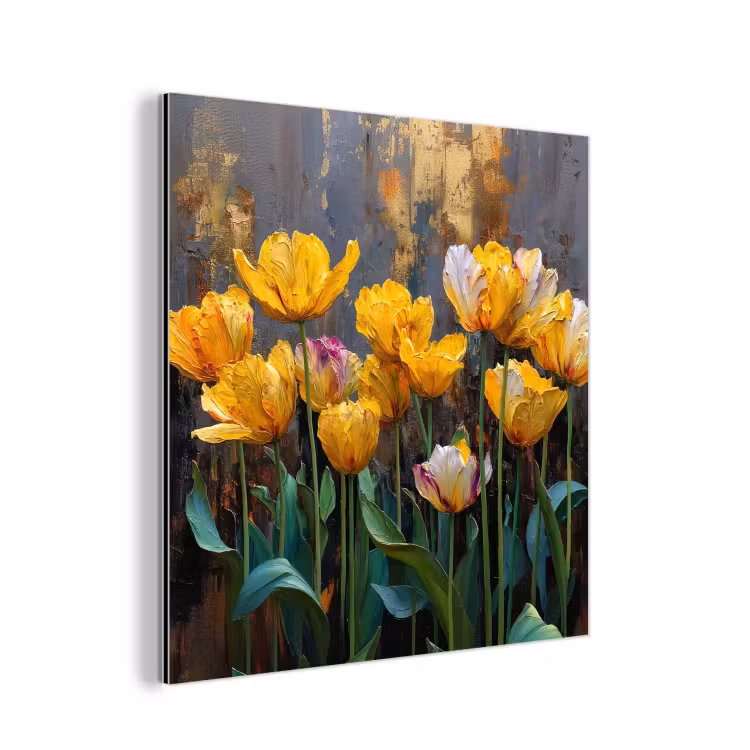 Aluminium schilderij - Tulpen - Geel - Penseelstreken - Abstract — 1