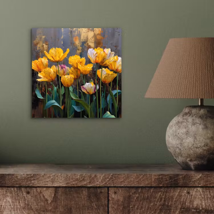 Aluminium schilderij - Tulpen - Geel - Penseelstreken - Abstract — 3