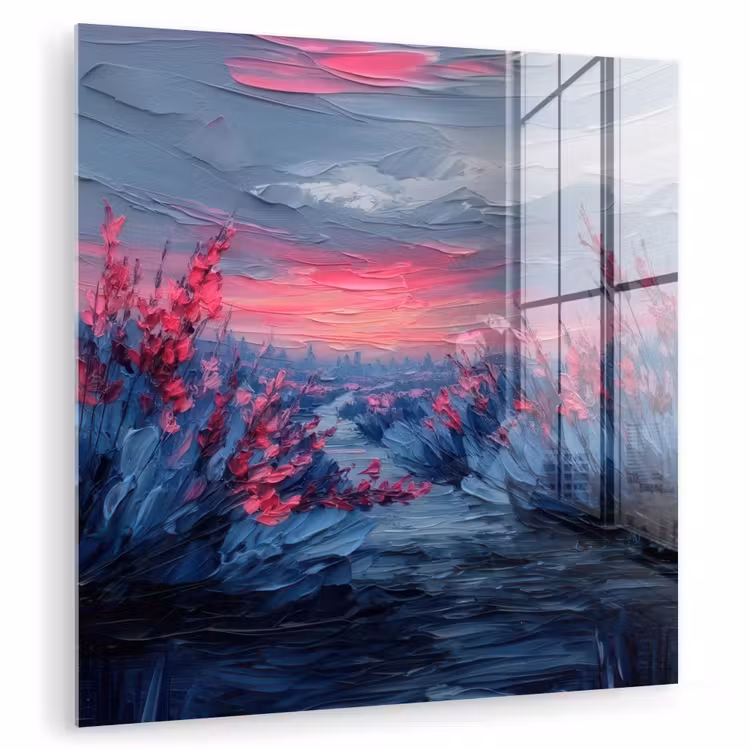 Glas schilderij - Schilderij - Zonsondergang - Bloemen - Rivier — 1