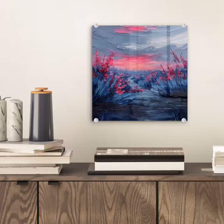Glas schilderij - Schilderij - Zonsondergang - Bloemen - Rivier — 2