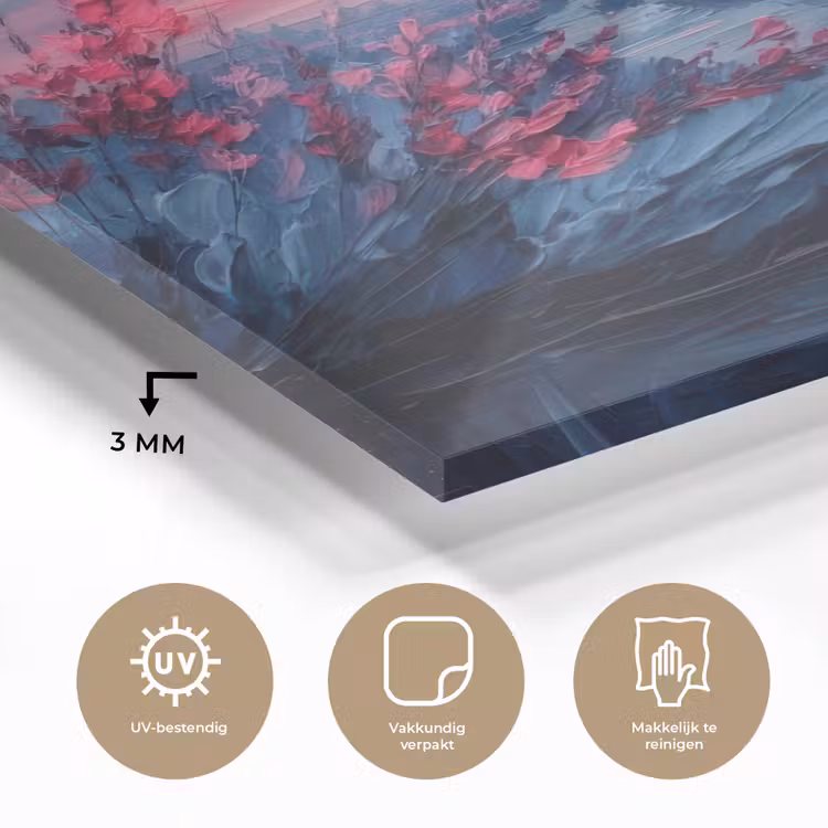 Glas schilderij - Schilderij - Zonsondergang - Bloemen - Rivier — 3