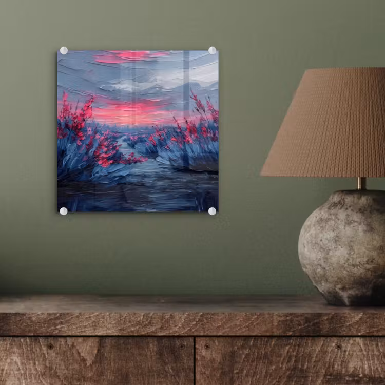 Glas schilderij - Schilderij - Zonsondergang - Bloemen - Rivier — 4