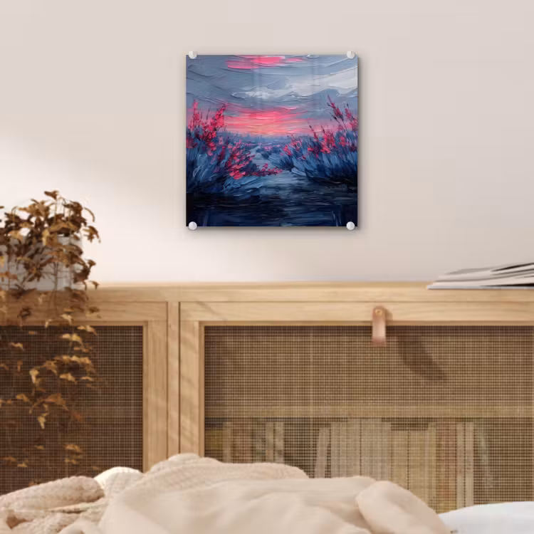 Glas schilderij - Schilderij - Zonsondergang - Bloemen - Rivier — 5