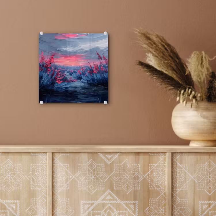 Glas schilderij - Schilderij - Zonsondergang - Bloemen - Rivier — 6