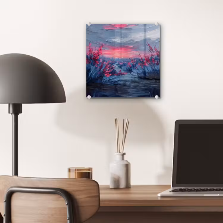 Glas schilderij - Schilderij - Zonsondergang - Bloemen - Rivier — 7