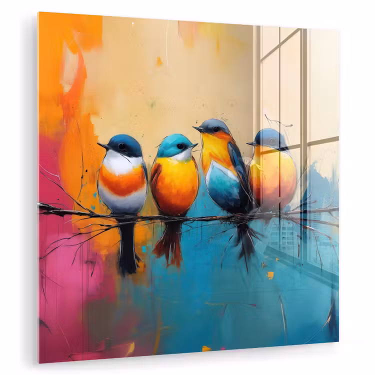 Glas schilderij - Vogels - Kleurrijk - Tak - Abstract — 1