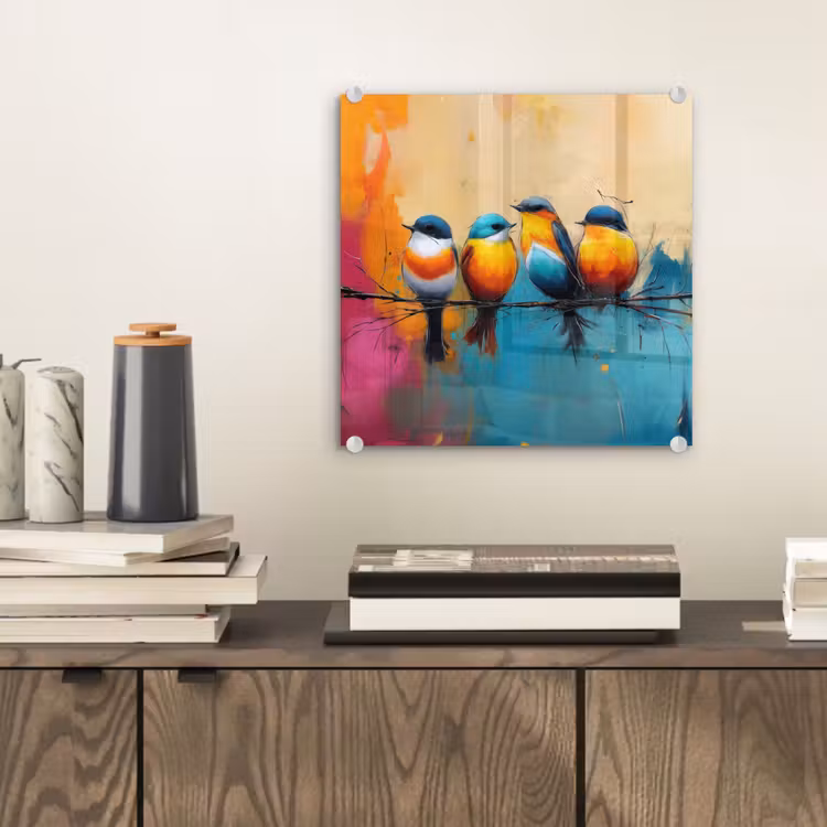 Glas schilderij - Vogels - Kleurrijk - Tak - Abstract — 2