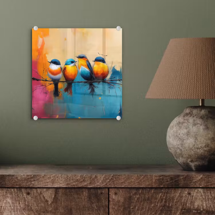 Glas schilderij - Vogels - Kleurrijk - Tak - Abstract — 4