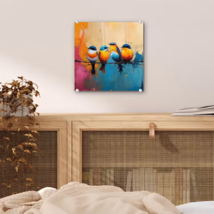 Glas schilderij - Vogels - Kleurrijk - Tak - Abstract — 5