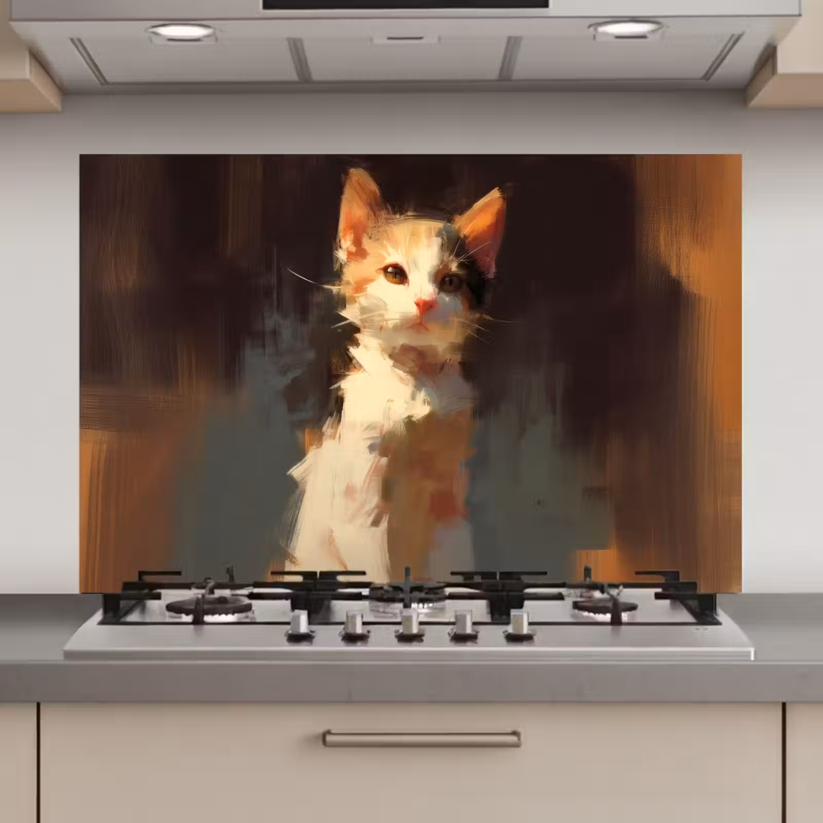 Spatscherm keuken - Kat - Geschilderd - Artistiek - Wit — 1