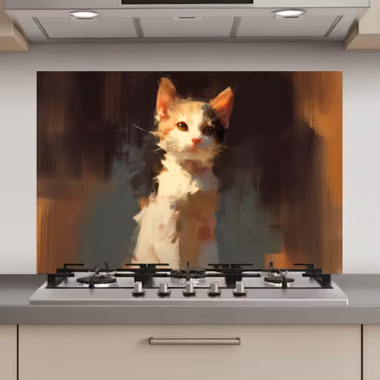 Spatscherm keuken - Kat - Geschilderd - Artistiek - Wit — 1