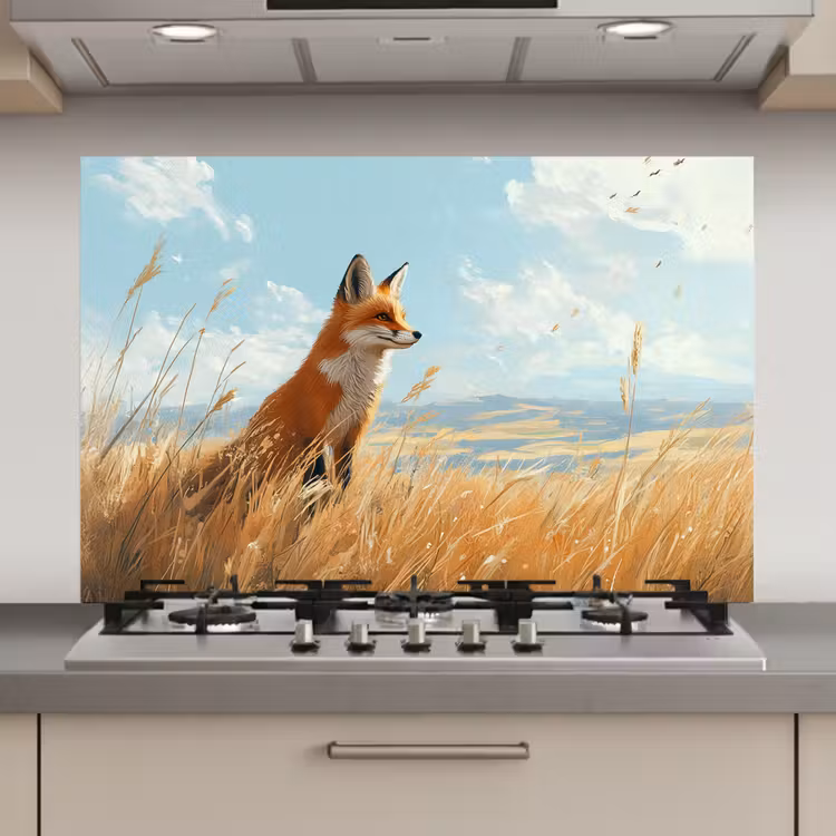 Spatscherm keuken - Vos - Gras - Wolken - Oranje — 1