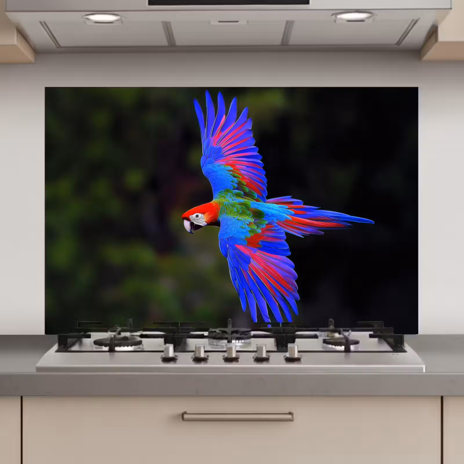 Spatscherm keuken - Felgekleurd - Papegaai - Bos - Vleugels — 1