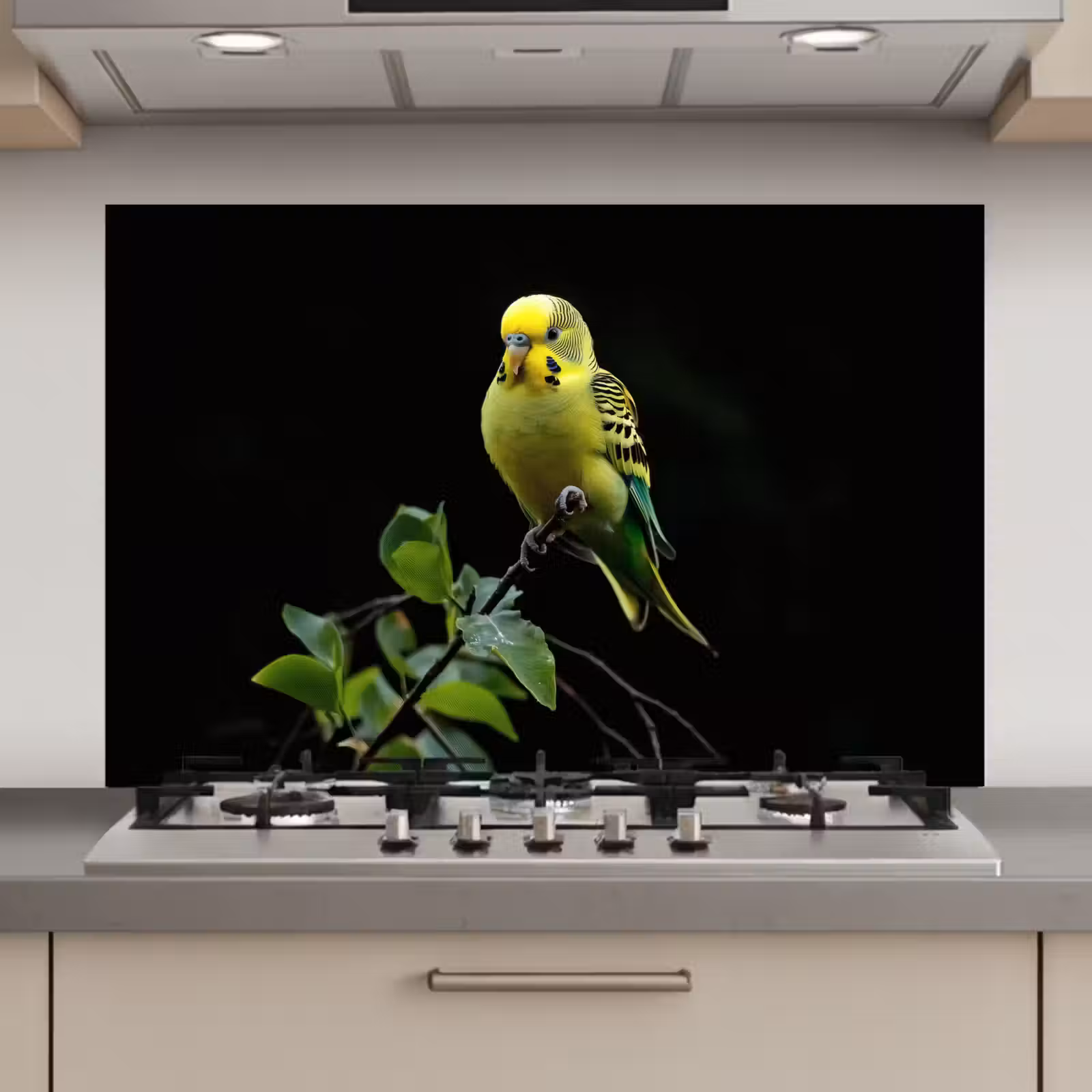 Spatscherm keuken - Parkiet - Tak - Bladeren - Geel — 1
