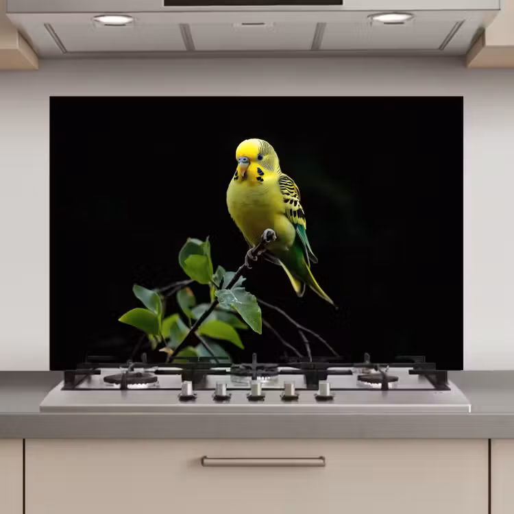 Spatscherm keuken - Parkiet - Tak - Bladeren - Geel — 1