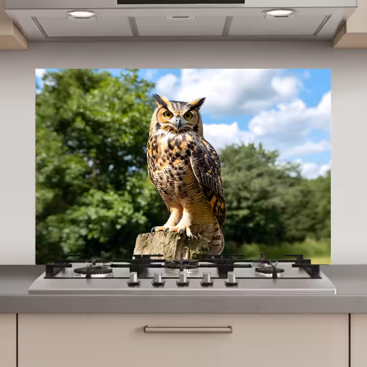Spatscherm keuken - Uil - Boomstronk - Bos - Lucht — 1
