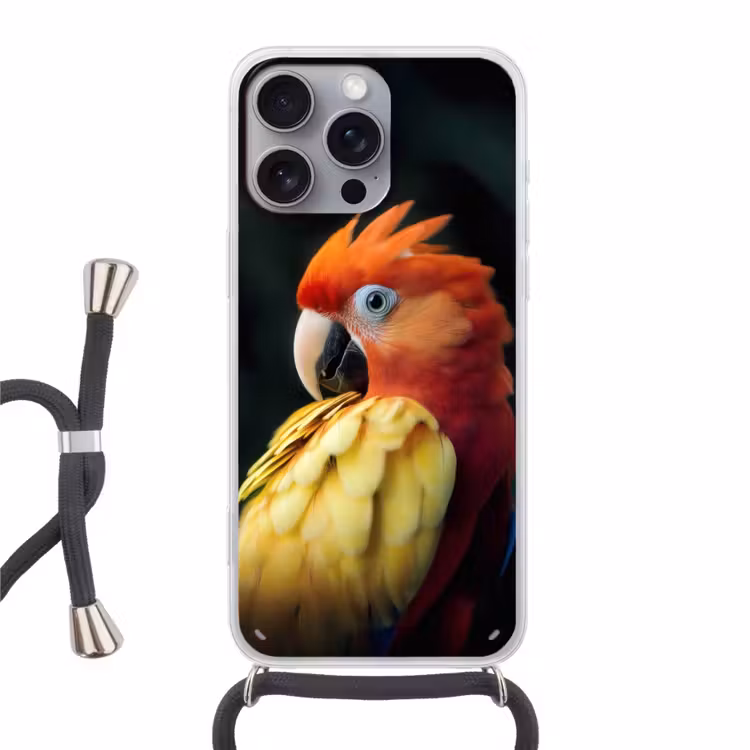 Telefoonhoesje met koord - Close-up - Papegaai - Veren - Oranje — 1