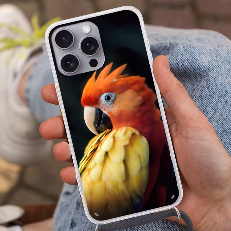 Telefoonhoesje met koord - Close-up - Papegaai - Veren - Oranje — 2