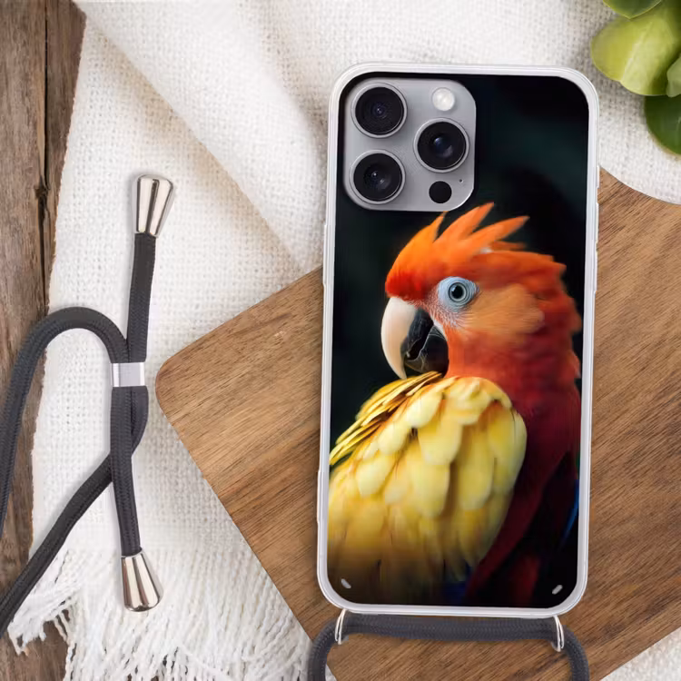 Telefoonhoesje met koord - Close-up - Papegaai - Veren - Oranje — 3