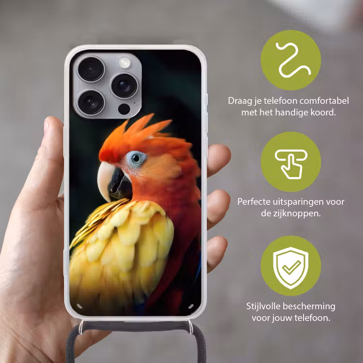 Telefoonhoesje met koord - Close-up - Papegaai - Veren - Oranje — 4