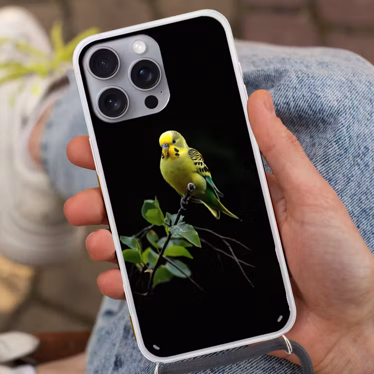 Telefoonhoesje met koord - Parkiet - Tak - Bladeren - Geel — 2