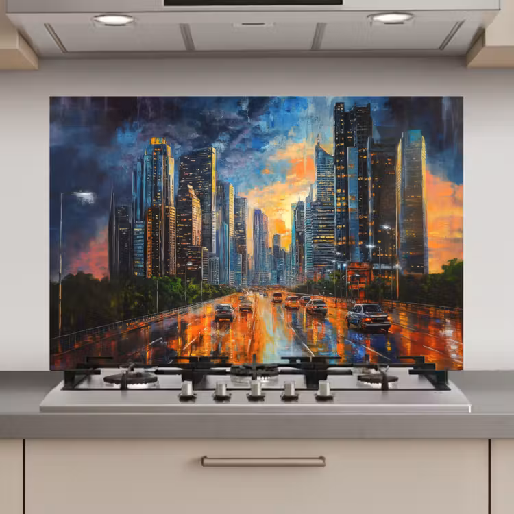 Spatscherm keuken - Auto - Skyline - Zon - Blauw — 1