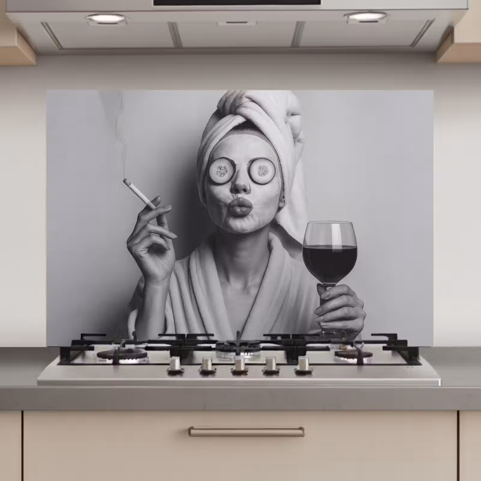 Spatscherm keuken - Vrouw - Masker - Wijn - Sigaret — 1