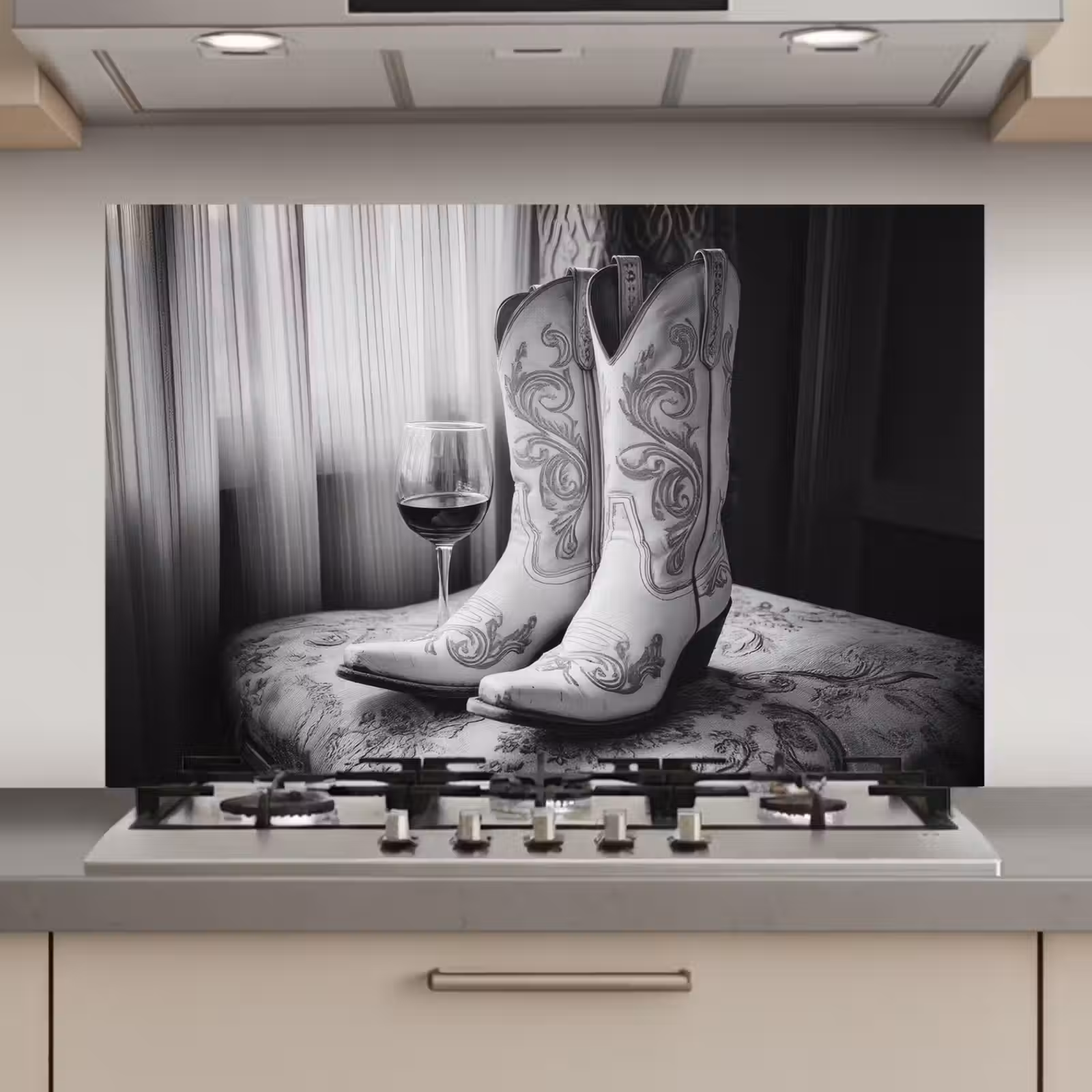 Spatscherm keuken - Wijn - Cowboylaarzen - Raamlicht - Wit — 1
