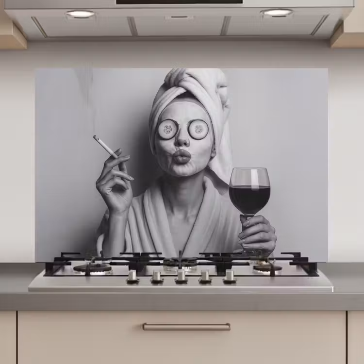 Spatscherm keuken - Vrouw - Masker - Wijn - Sigaret — 1