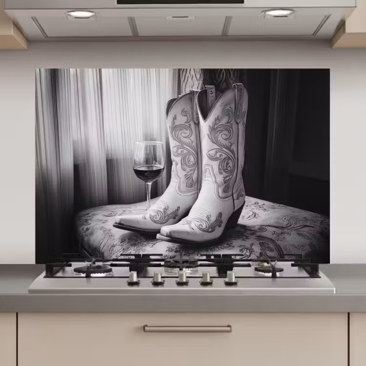 Spatscherm keuken - Wijn - Cowboylaarzen - Raamlicht - Wit — 1
