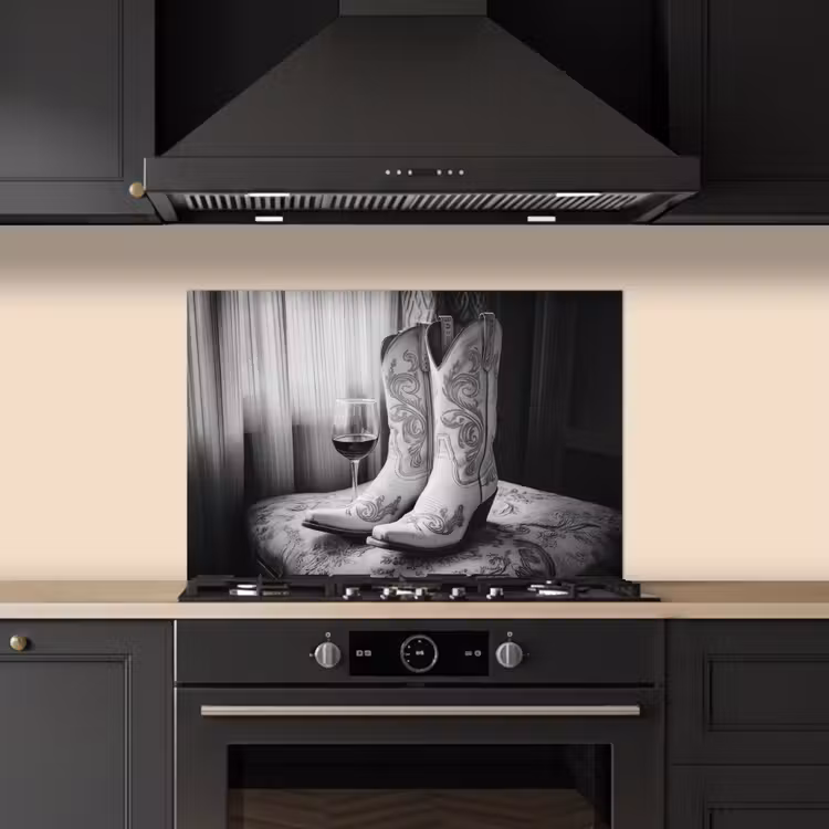 Spatscherm keuken - Wijn - Cowboylaarzen - Raamlicht - Wit — 2