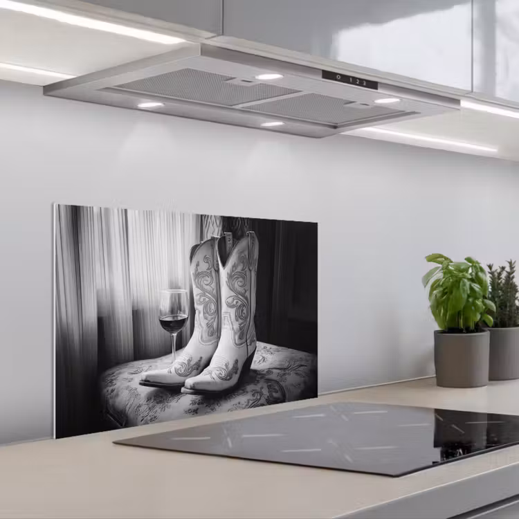Spatscherm keuken - Wijn - Cowboylaarzen - Raamlicht - Wit — 5