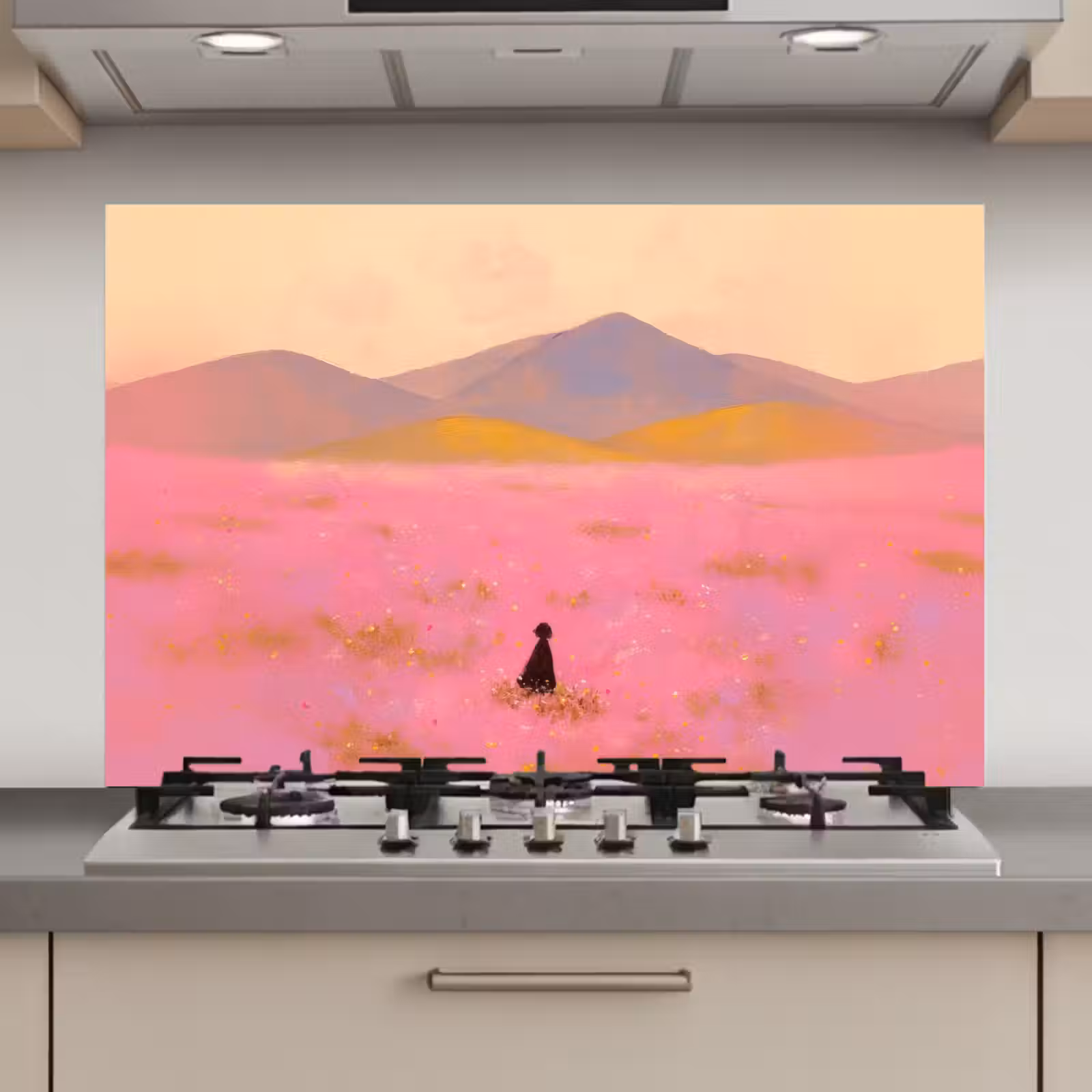 Spatscherm keuken - Bloemenweide - Heuvels - Silhouet - Roze — 1
