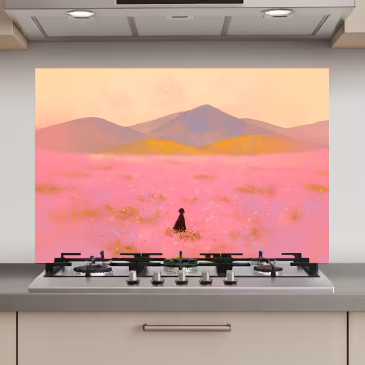 Spatscherm keuken - Bloemenweide - Heuvels - Silhouet - Roze — 1