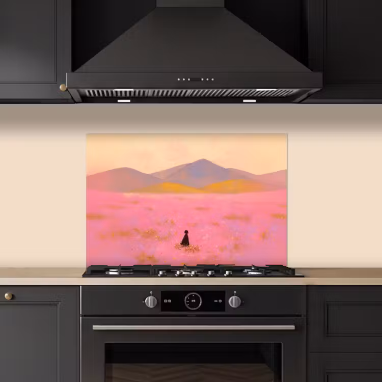 Spatscherm keuken - Bloemenweide - Heuvels - Silhouet - Roze — 2