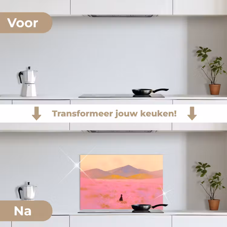 Spatscherm keuken - Bloemenweide - Heuvels - Silhouet - Roze — 3