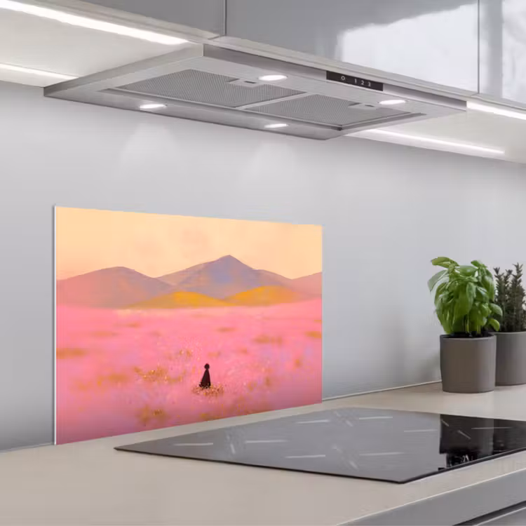 Spatscherm keuken - Bloemenweide - Heuvels - Silhouet - Roze — 5