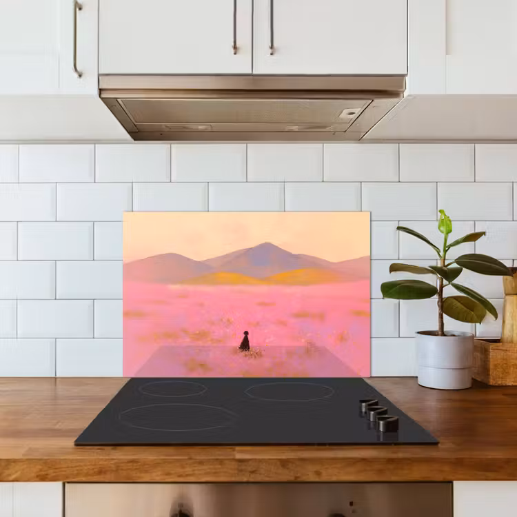 Spatscherm keuken - Bloemenweide - Heuvels - Silhouet - Roze — 6