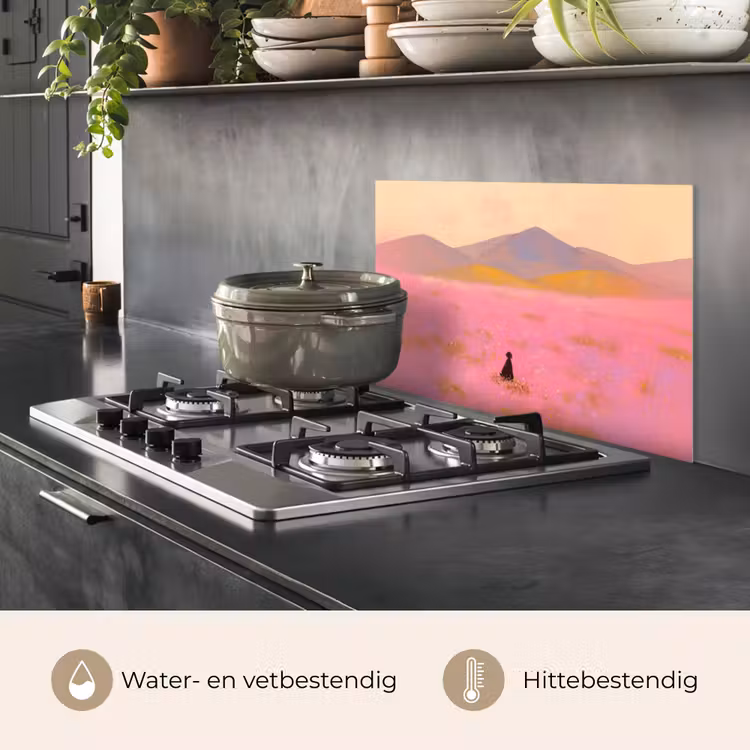Spatscherm keuken - Bloemenweide - Heuvels - Silhouet - Roze — 7