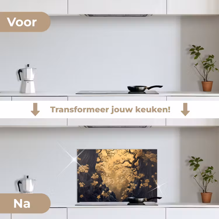 Spatscherm keuken - Bloemen - Takken - Goud - Sierlijk — 3