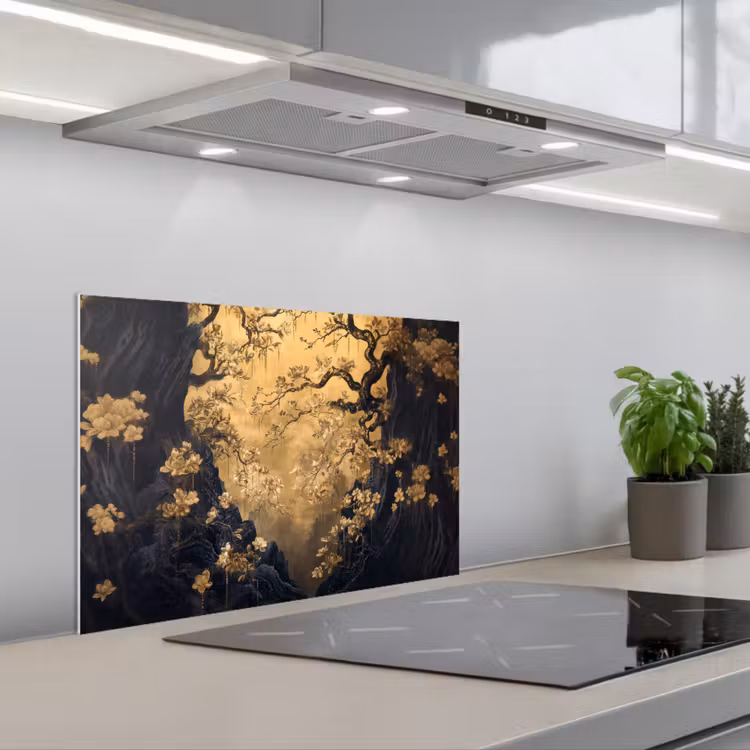 Spatscherm keuken - Bloemen - Takken - Goud - Sierlijk — 5