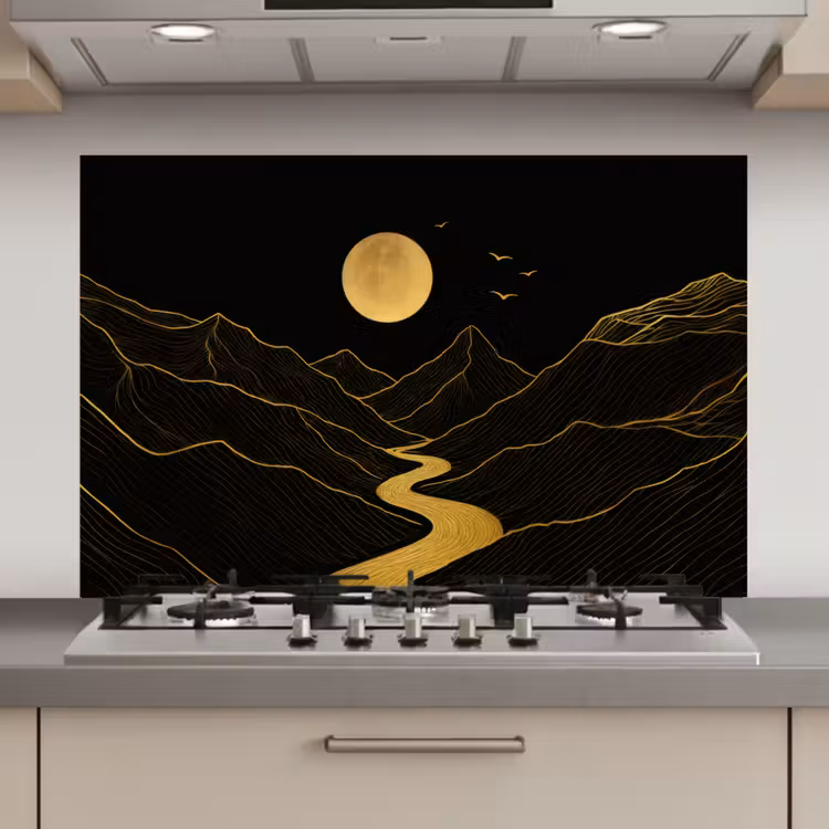 Spatscherm keuken - Rivier - Goud - Maan - Vogels — 1