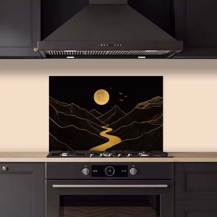 Spatscherm keuken - Rivier - Goud - Maan - Vogels — 2