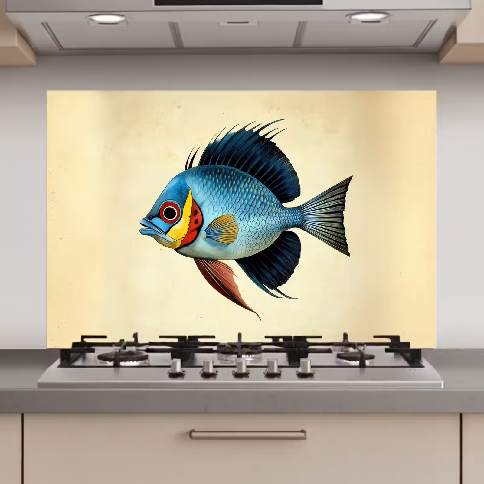 Spatscherm keuken - Blauw - Kieuwen - Vis - Illustratie — 1