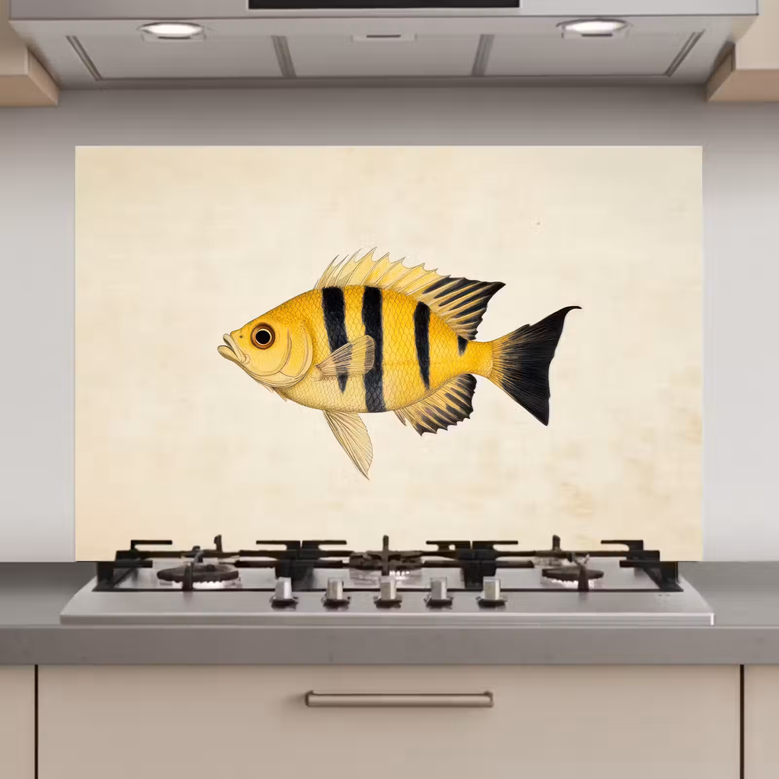 Spatscherm keuken - Geel - Vis - Strepen - Tropisch — 1