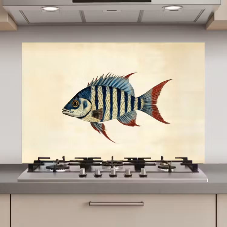 Spatscherm keuken - Gestreept - Donkerblauw - Rugvin - Vis — 1